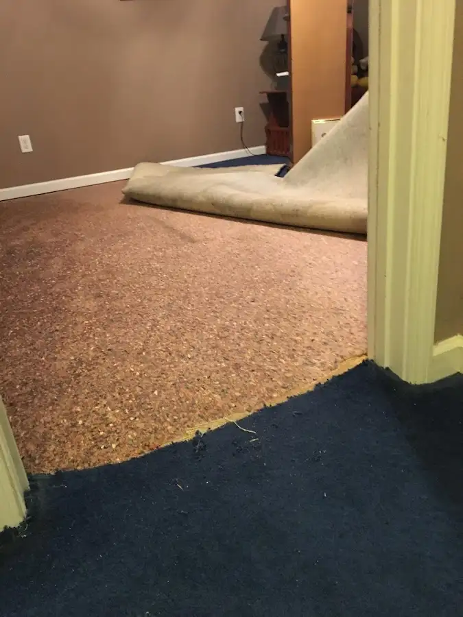 Carpet pad removal revealing water damage during Drying & Dehumidification in Nyack